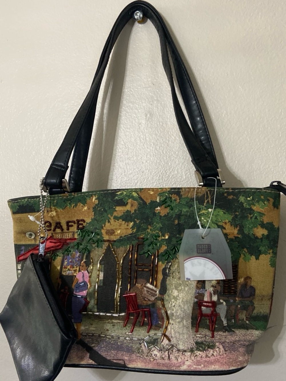Faded Glory Green and Black Café Scene Shoulder Bag woven tapestry